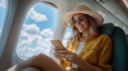 Woman using phone on airplane near window.