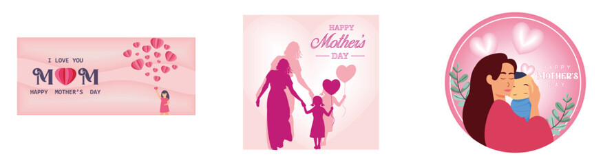 Love symbol on pink background. Silhouette of a mother holding her daughter's hand. Happy mother's day. Set flat vector modern illustration