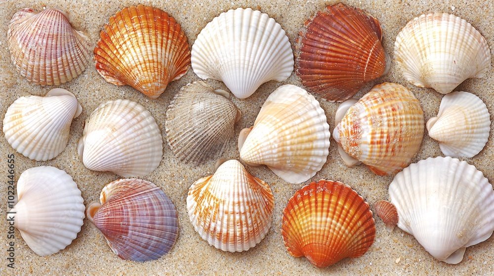 Poster a collection of seashells of various colors and patterns arranged on a bed of sand.