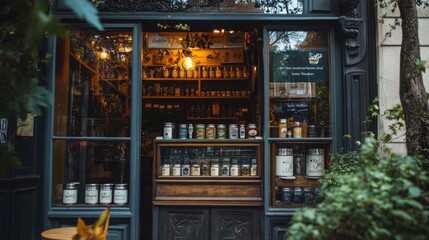 Storefront with Display of Jars and Bottles in a City