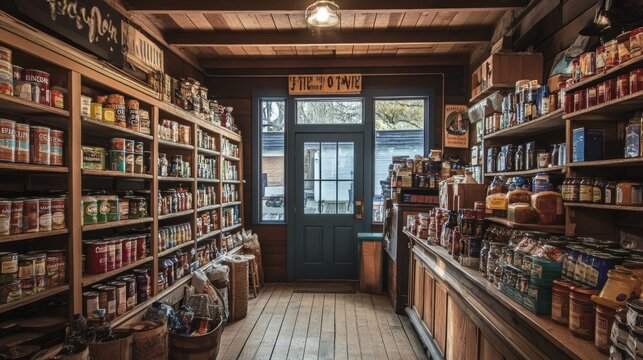Vintage General Store Interior with Shelves of Canned Goods