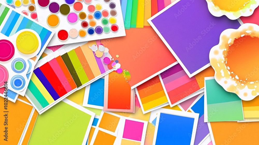 Poster a colorful background of overlapping squares, circles, and color palettes.
