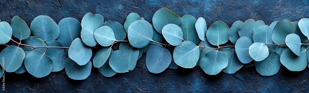 Poster A row of lush, round green leaves arranged neatly on a dark background, creating a serene and natural composition.