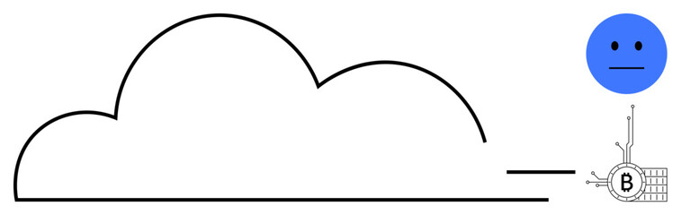 Simple line drawing of a cloud connected to a blockchain symbol and a blue face emotion. Ideal for cloud computing, blockchain technology, digital currencies, data storage, and internet innovations