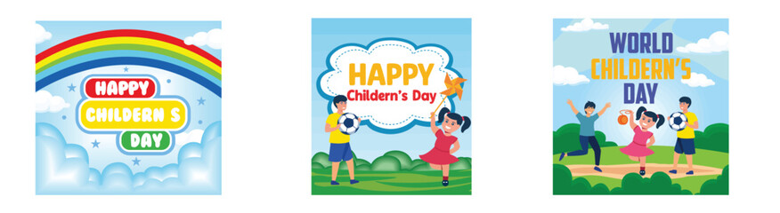 Happy Children's Day. Happy Children's Day with boy and girl playing with toys on background. Happy International Children's Day design. Set flat vector modern illustration