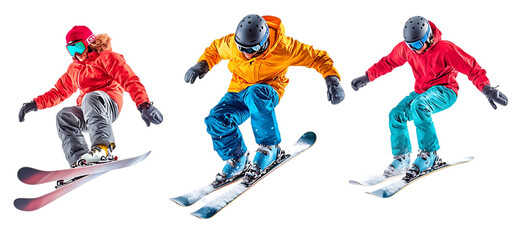 three set of ski snowboarding isolated transparent background
