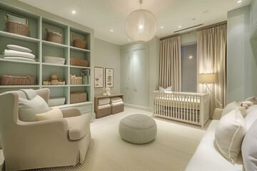 Modern nursery with calming colors and functional storage solutions. interior design 