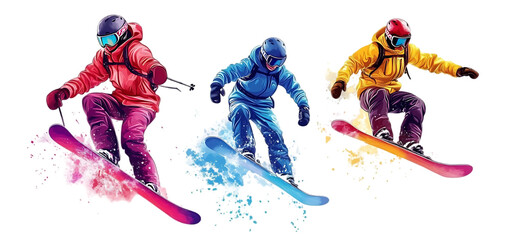 three set of ski snowboarding isolated transparent background