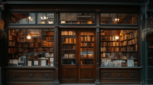 An Old Book Store With Wooden Doors and Windows