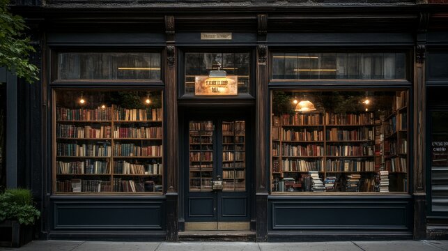 A Bookstore Storefront With Bookshelves Filled With Books