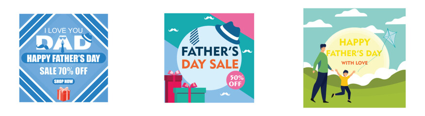 Father's Day Sale Poster with gift box. Promotion and shopping template for Father's Day. Funny Father's Day card of father and son and walking together. Set flat vector modern illustration