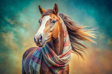 Obraz premium majestic horse with flowing mane wears stylish scarf against dreamy pastel background, exuding elegance and charm