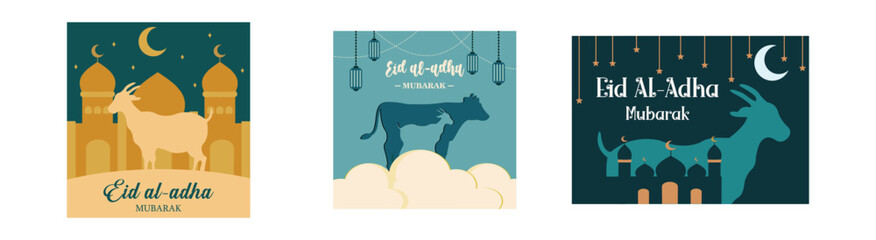 Eid Al-Fitr Mubarak. Eid Al Adha Mubarak celebration banner with moon and cow. Silhouette image of mosque and goat with glowing lantern for Eid Al Adha Mubarak. Set flat vector modern illustration