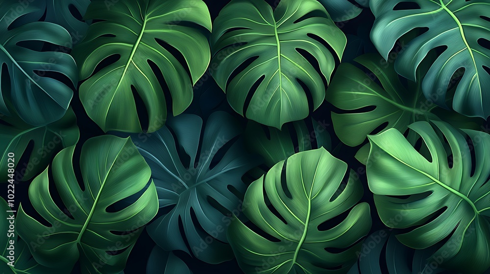 Poster lush green leaves layered in an artistic pattern, showcasing vibrant textures and rich colors in a t