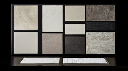 A display of various sample tiles in different colors, textures and patterns on a black surface.