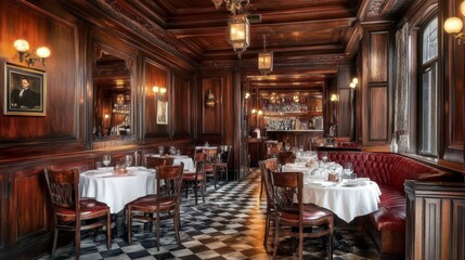Elegant Wooden Restaurant Interior with White Tablecloths and Checkerboard Floor