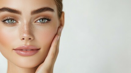 A close-up portrait of a woman with clear skin, full eyebrows, and a natural makeup look, showcasing beauty and confidence against a soft background.