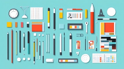 Obraz premium A flat lay of various art and design supplies on a blue background.