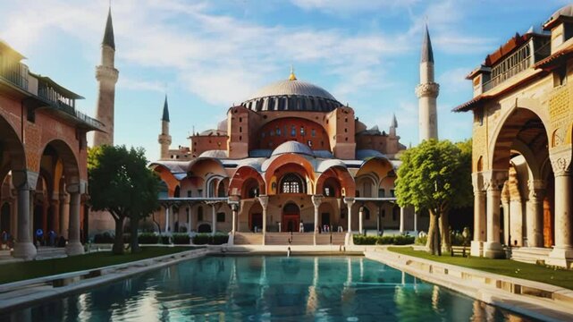 A large pond in front of the mosque, seamless 4K virtual video animation background