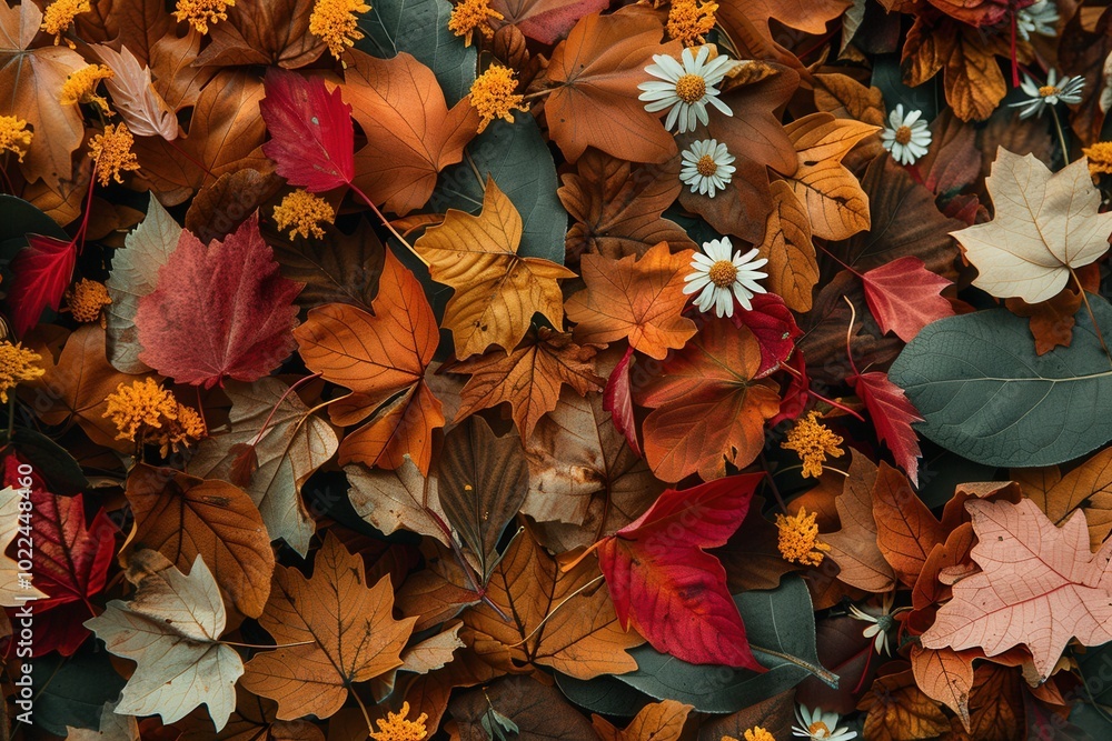 Poster A colorful array of autumn leaves and flowers covers the ground, showcasing rich hues of orange, red, and yellow, celebrating the season. Generative AI