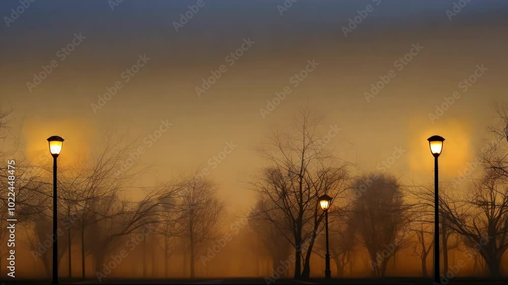 Poster foggy path softly lit by street lights creates a mysterious atmosphere with bare trees adding to the