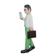 3D Male Biologist in Ecology Profession. A male biologist is walking while looking at his cellphone and carrying a briefcase. Illustrated