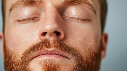 Fototapeta premium A close-up of a man with a beard and closed eyes, conveying tranquility and introspection against a soft-colored background.