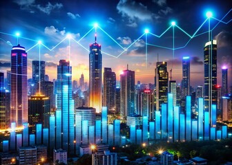 Obraz premium Night Photography of Urban Savings Growth Visualization with Graphs and Financial Symbols