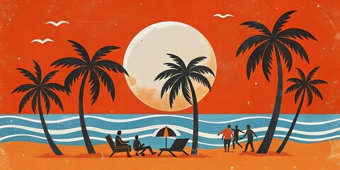 Fototapeta premium Vintage-style collage of a tropical beach scene featuring beachgoers and palm trees against an orange and blue sky with a full moon, exuding mid-century travel nostalgia.