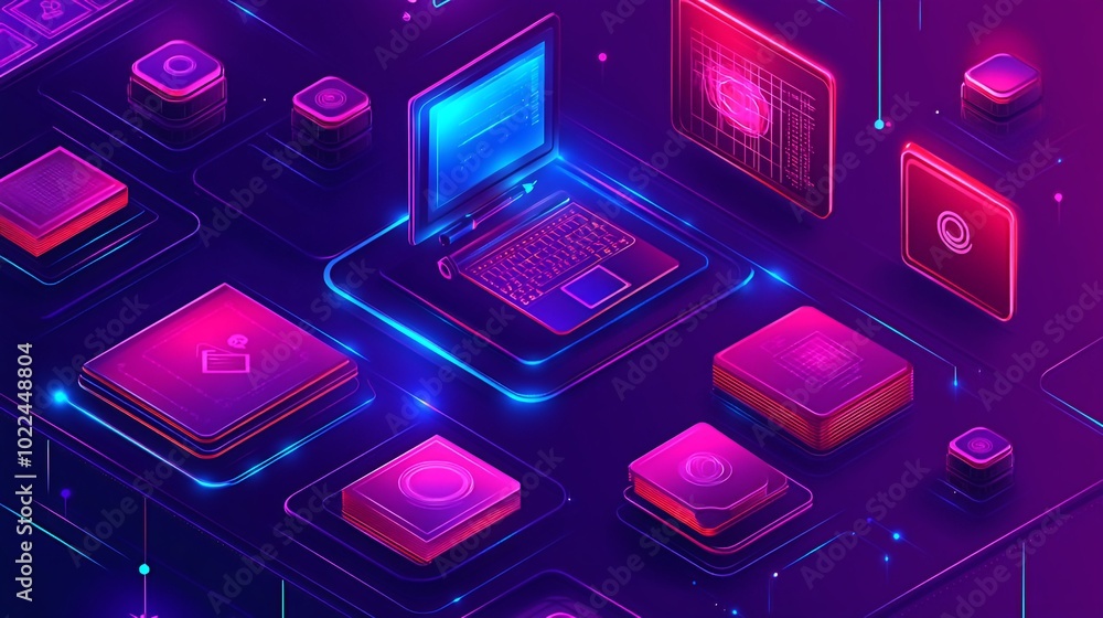 Poster a laptop and several glowing icons are connected by lines in a futuristic background.