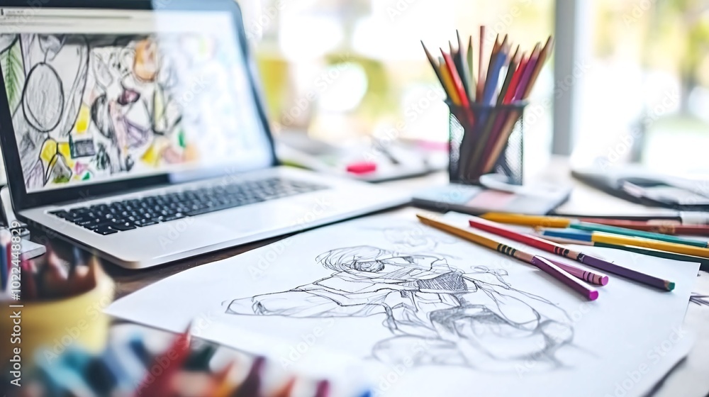 Poster a laptop computer sits open on a desk with a drawing of a person and colored pencils.