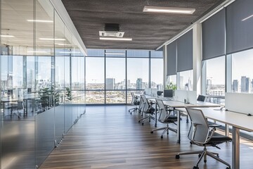 Modern office interior with glass walls, white desks and chairs, wooden flooring, large windows with cityscape view and gray roller shades.
