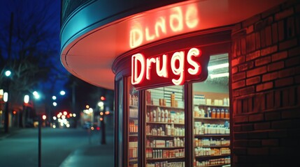 Fototapeta premium A Nighttime View of a Pharmacy with a Neon Sign