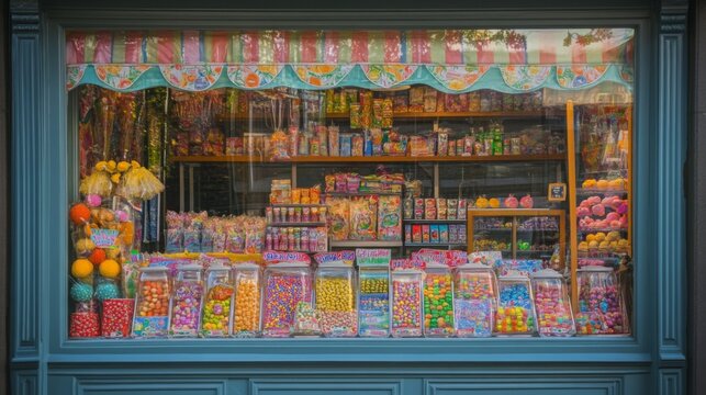 A colorful display of candy in a store window