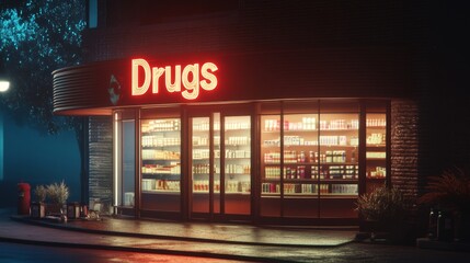 Fototapeta premium A Nighttime View of a Pharmacy with a Neon Sign