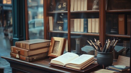 Antique Books and Writing Implements on a Wooden Table