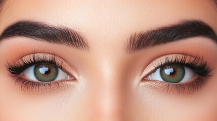 Fototapeta premium A close-up of captivating green eyes with defined brows and soft makeup, showcasing beauty and elegance.