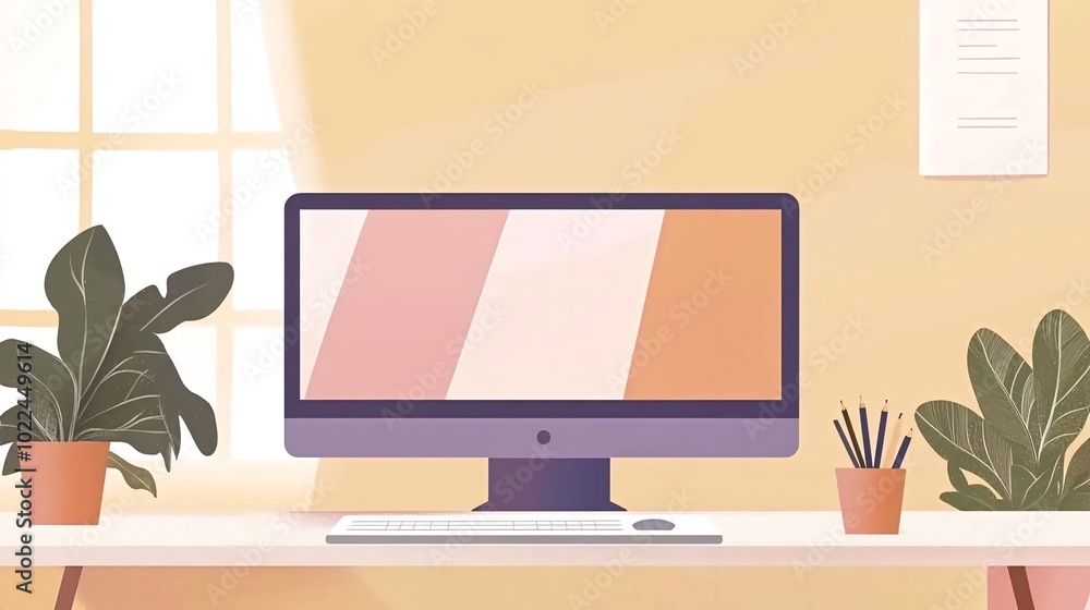 Poster a modern desktop computer with a keyboard and mouse on a desk with two potted plants and a window in