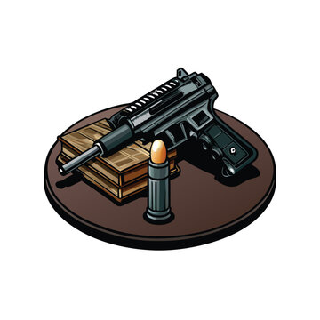 black pistol, bullet, books on brown table clip art preview