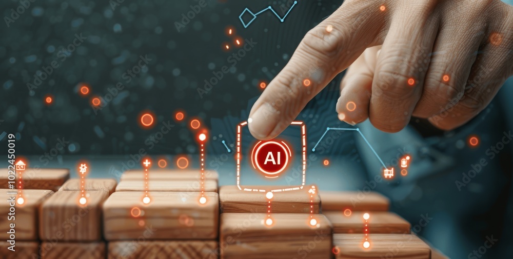 Aufkleber artificial intelligence ai and digital marketing with virtual holograms businessman hand interface t