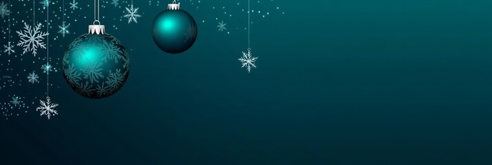 Fototapeta premium Dark teal background with Christmas ornaments and snowflakes, flat design illustration for web and social media, featuring a blue-green color palette.