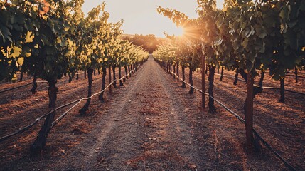 Naklejka premium A picturesque view of a vineyard at sunset, with rows of grapevines leading to the golden horizon.