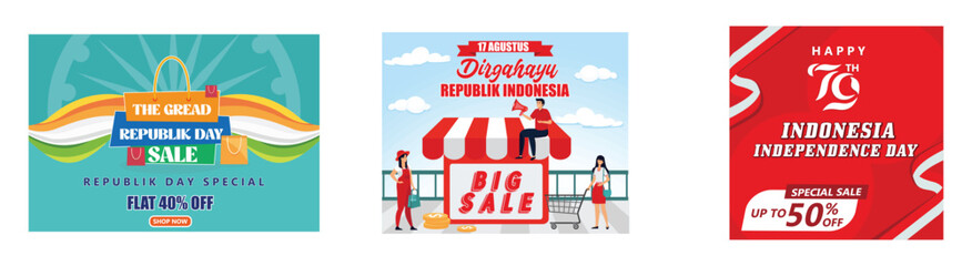 Republic day India Sale. Indonesian people celebrate independence day. Happy 79th Indonesian Independence Day. Set flat vector modern illustration