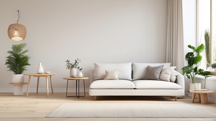  Scandinavian-style living room with a white sofa placed on wooden parquet floor, highlighting minimalist design and natural
