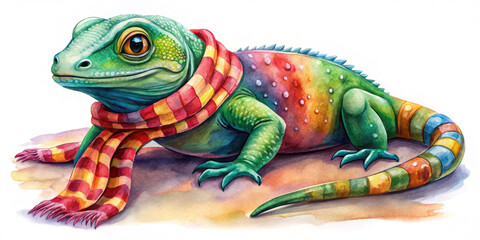 Obraz premium colorful reptile wearing vibrant scarf, illustrated in whimsical watercolor style. This charming creature showcases blend of bright colors and intricate details, evoking playful and imaginative