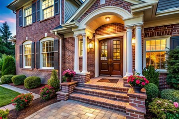 Panoramic View of a Charming Front Door with Brick and Vinyl Siding Exterior for Home Design Inspiration