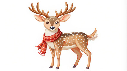 Fototapeta premium Whimsical deer wearing red scarf, standing proudly with charming expression. This delightful illustration captures essence of playful winter spirit