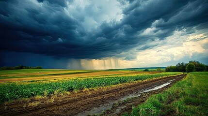 Obraz premium Stormy Clouds Over a Lush Green Field and Dirt Road