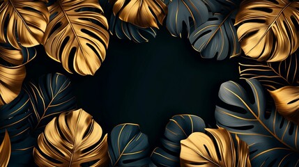 Golden and Blue Tropical Leaves on a Dark Background