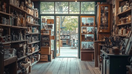 A Vintage Shop with Shelving Full of Jars and Bottles